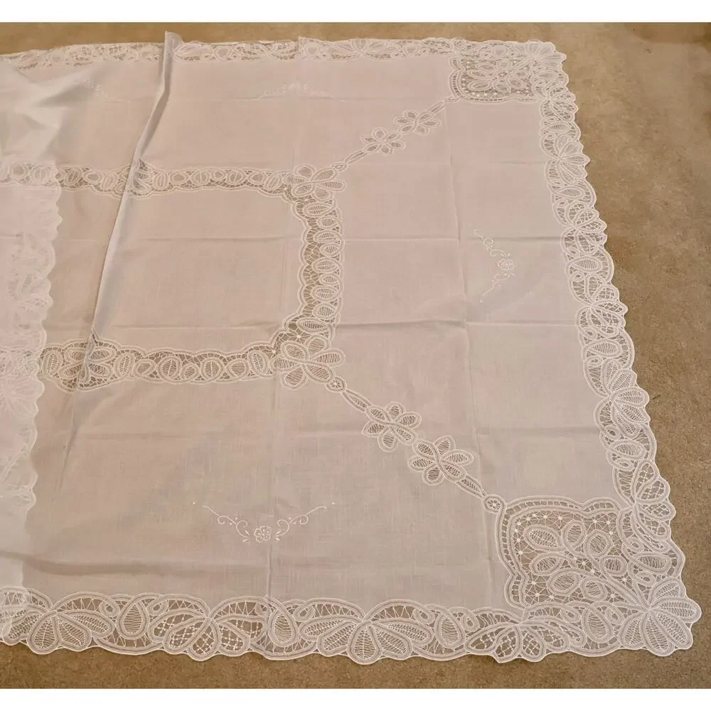 Vintage Vinyl Tablecloth Battenburg Lace White 60X90 Oblong NEW